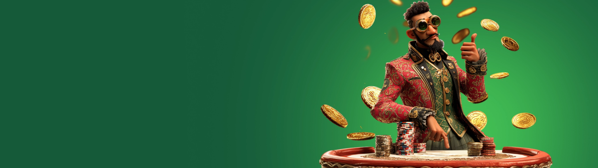 50 Crowns mascot tossing gold coins over a roulette table