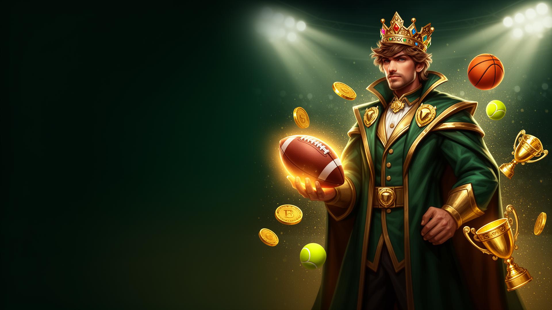 50 Crowns mascot holding a football with stadium lights and trophies